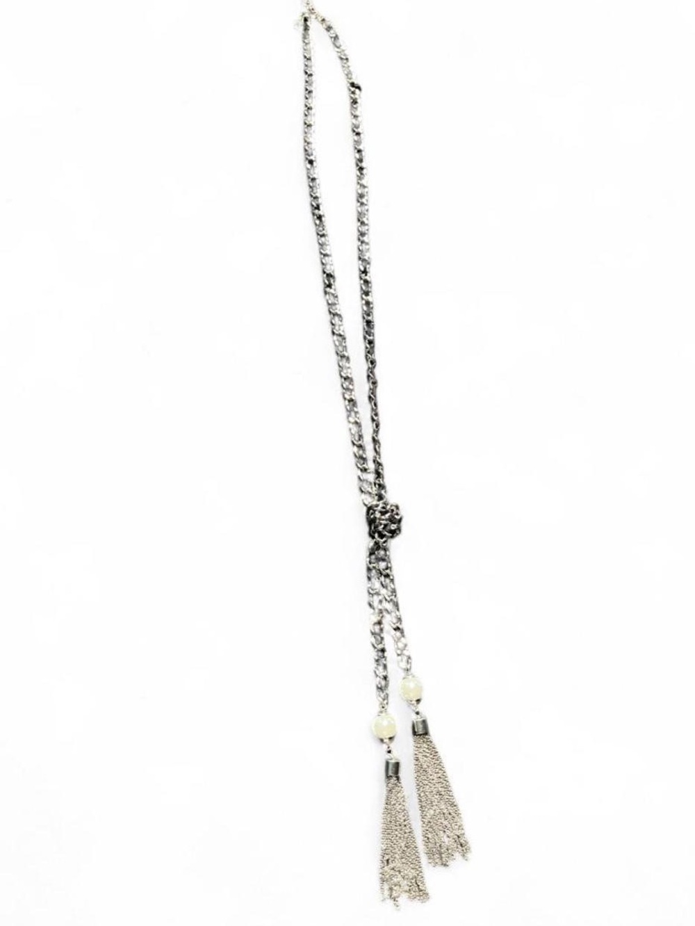 White House Black Market Silver Necklace with black ribbon and pearl accents
